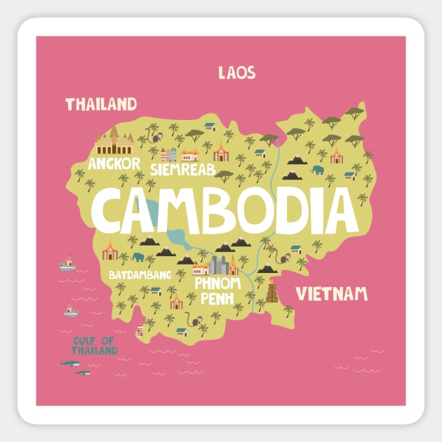 Cambodia illustrated map Sticker by JunkyDotCom